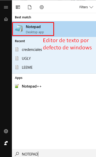 notepad en el menu de windows para html