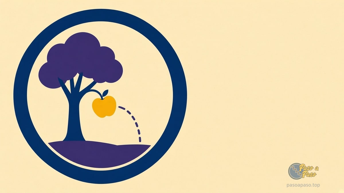 Manzana amarilla cae de un árbol púrpura siguiendo una línea discontinua azul hasta el suelo