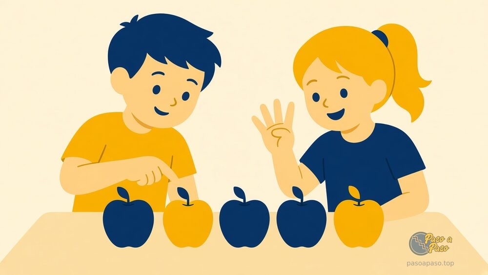Dos niños cuentan manzanas sobre una mesa señalándolas una por una