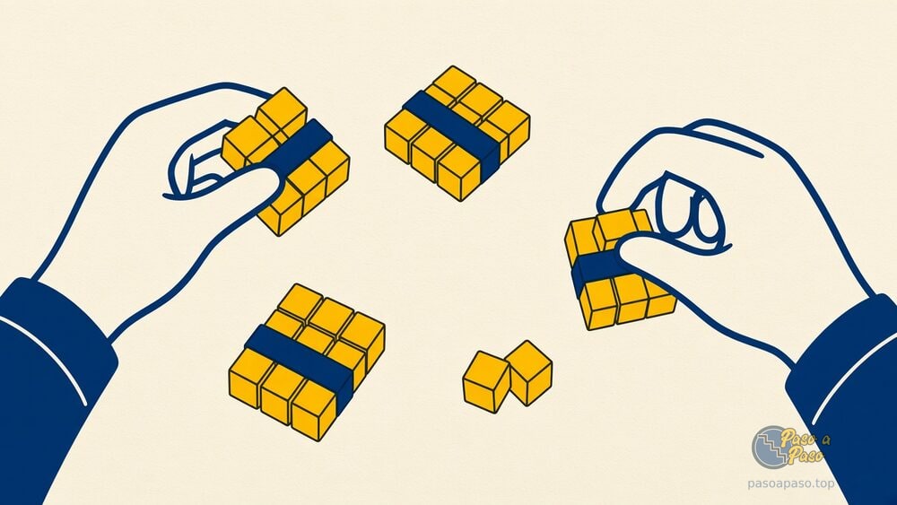 Manos que agrupan cubos en bloques iguales para contarlos más rápido