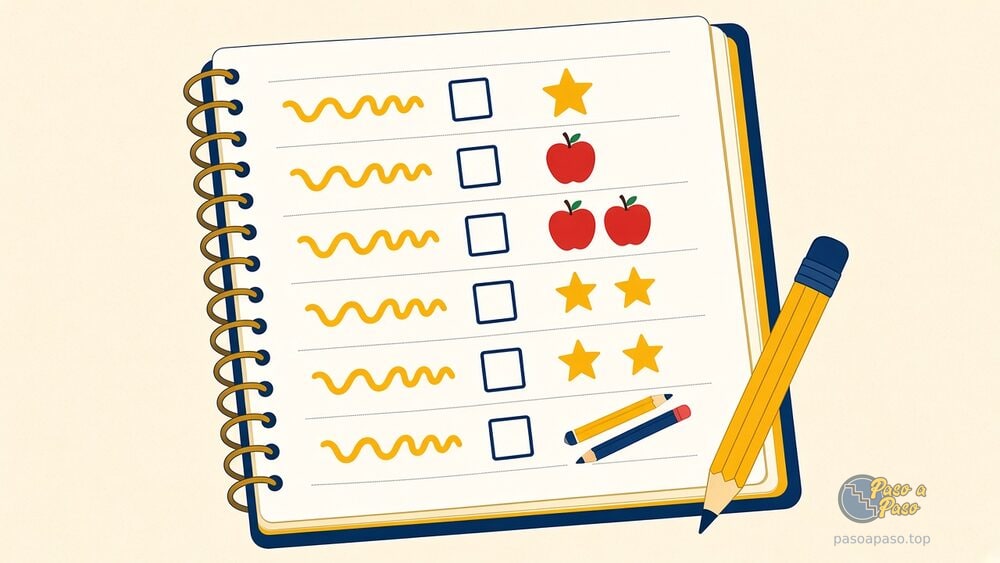 Cuaderno con una lista de ejercicios de conteo y casillas para marcar