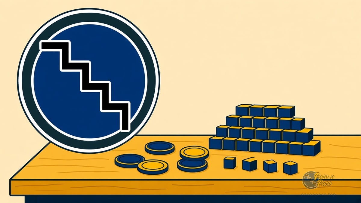 Mesa con fichas circulares y una torre de cubos azules junto al logo de la marca