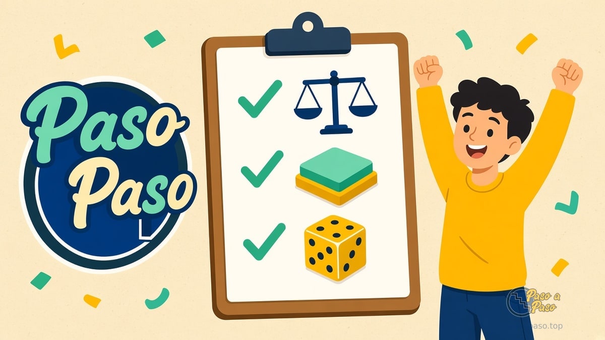Niño celebra junto a un portapapeles con tres ítems marcados: balanza, bloques y dado