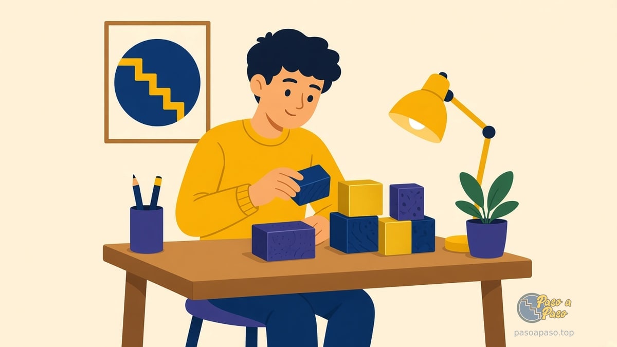 Joven en escritorio compara bloques del mismo tamaño con colores y texturas distintas
