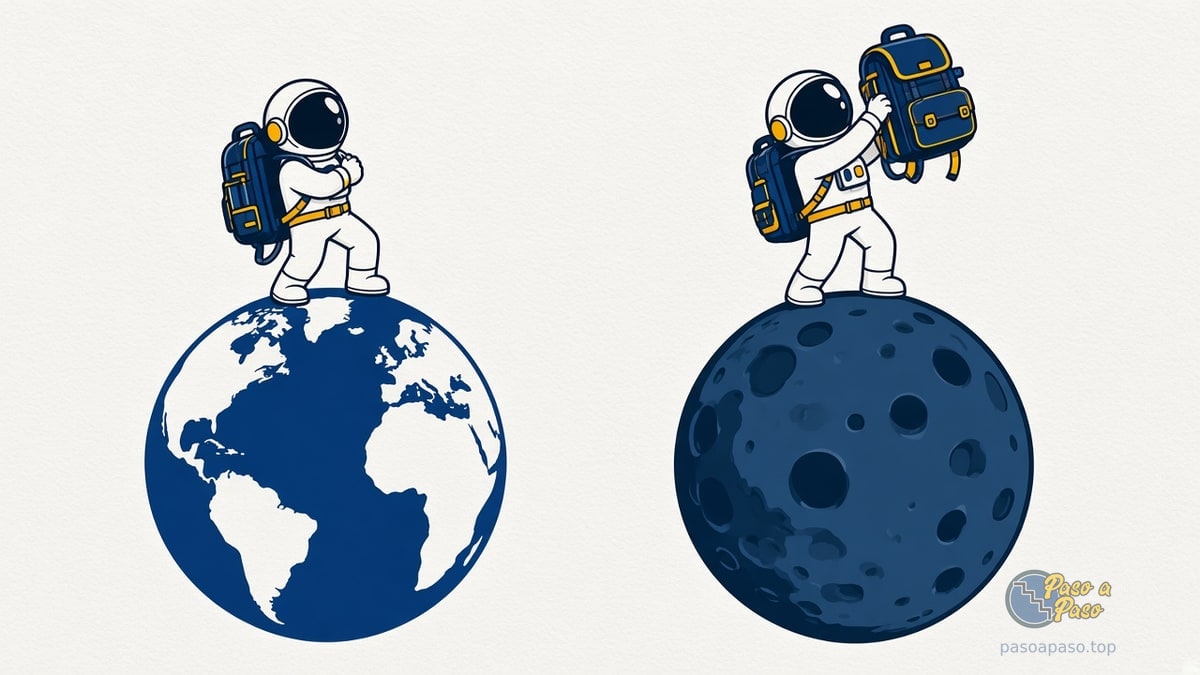 Astronauta con mochila pesada en la Tierra y levantándola con facilidad en la Luna