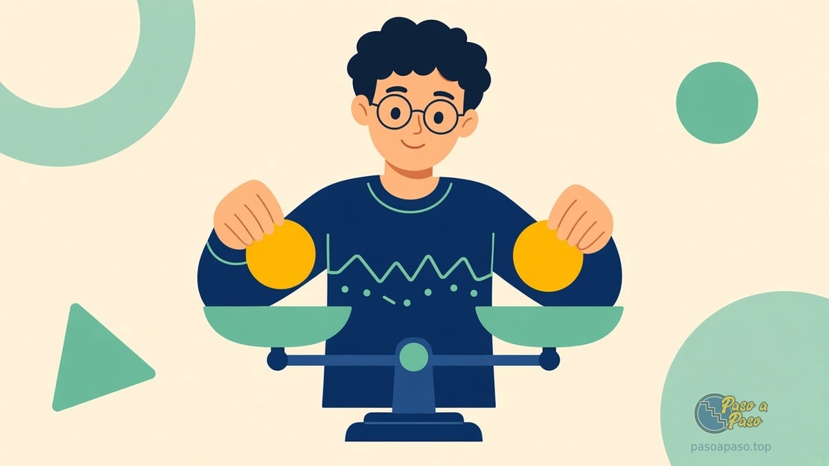 Joven con gafas coloca dos esferas naranjas iguales en los platos de una balanza equilibrada