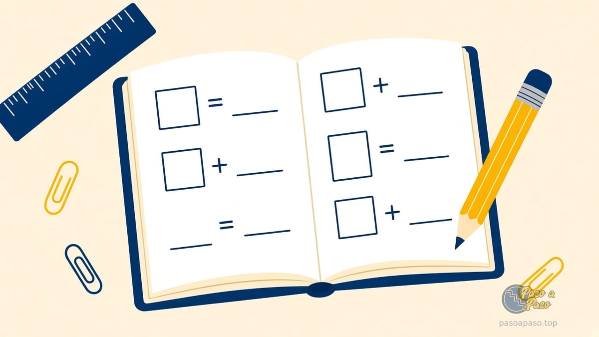 Cuaderno abierto con cajas y líneas en blanco para completar igualdades, lápiz y regla al lado