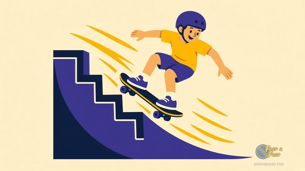 Skater azul baja una rampa amarilla con flechas de velocidad crecientes