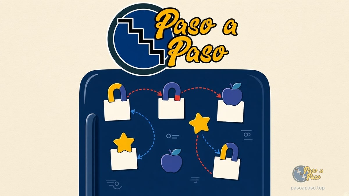 Tablero azul con imanes de herradura, manzanas y estrellas unidos por flechas discontinuas