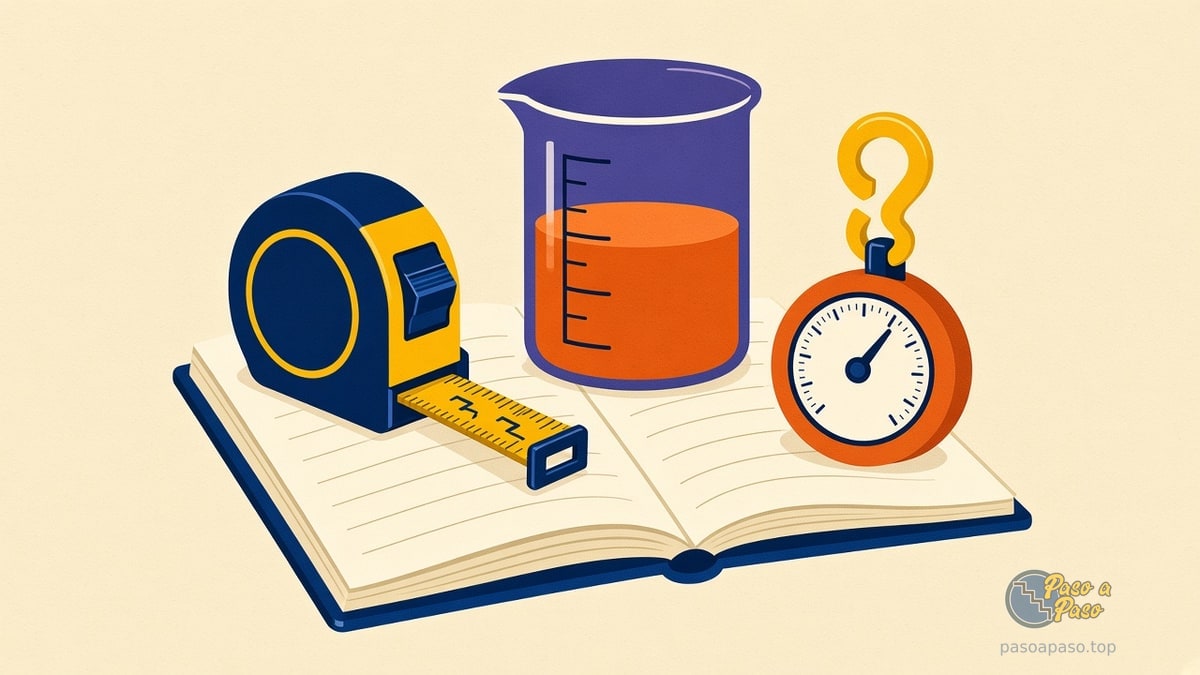 Cinta métrica, vaso graduado con líquido naranja y dinamómetro naranja sobre un libro abierto