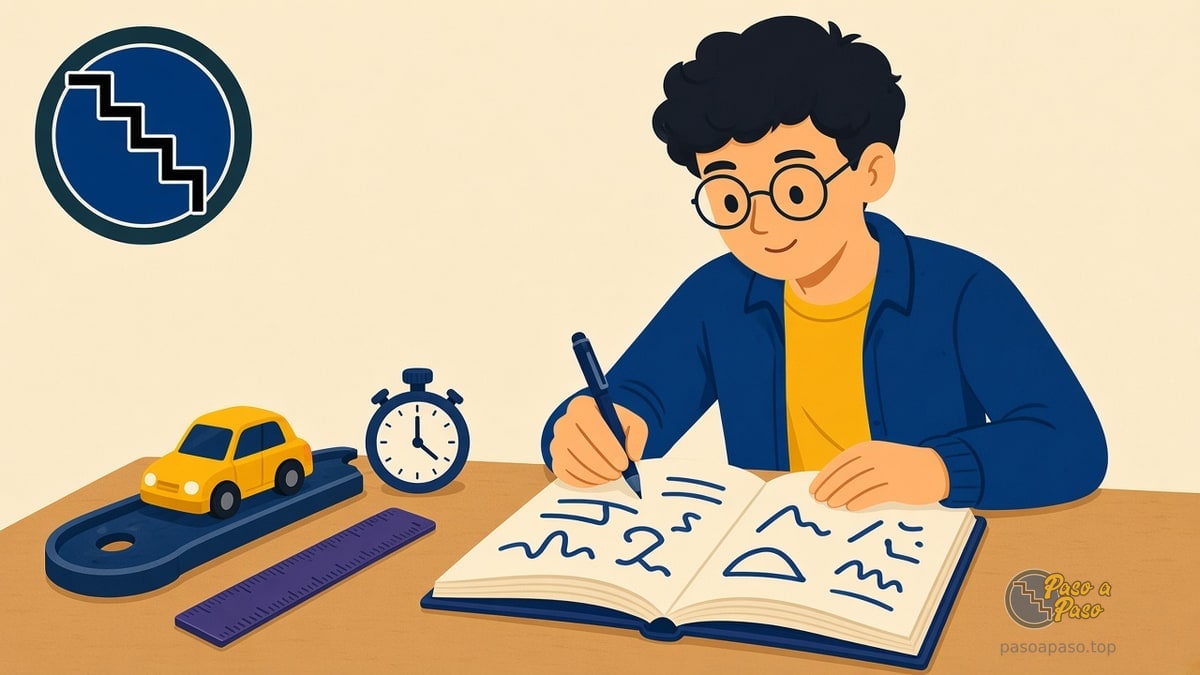 Niño con gafas escribe en un cuaderno junto a regla, cronómetro y auto de juguete