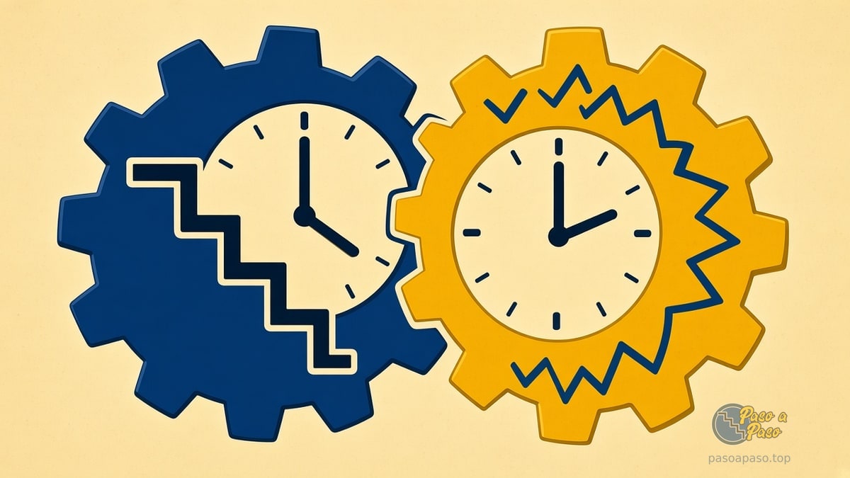 Dos engranajes entrelazados, uno azul y uno amarillo, cada uno con un reloj en el centro