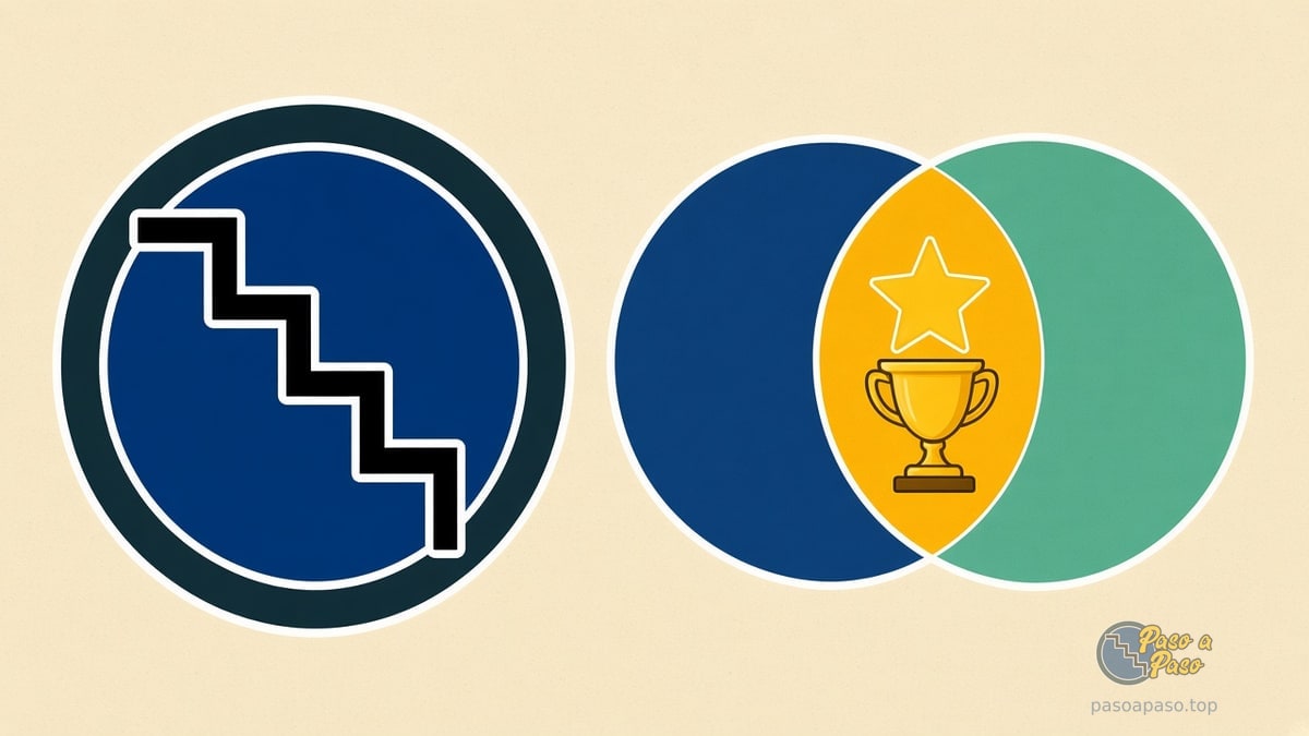 Diagrama de Venn azul y verde con trofeo en la intersección amarilla, junto a un círculo con icono de escalera