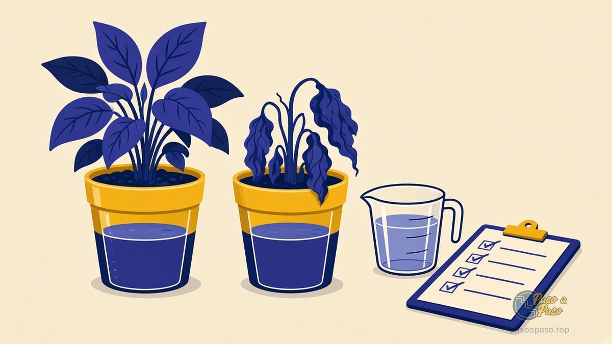 Dos macetas: una con planta verde regada y otra más seca; vaso medidor y checklist