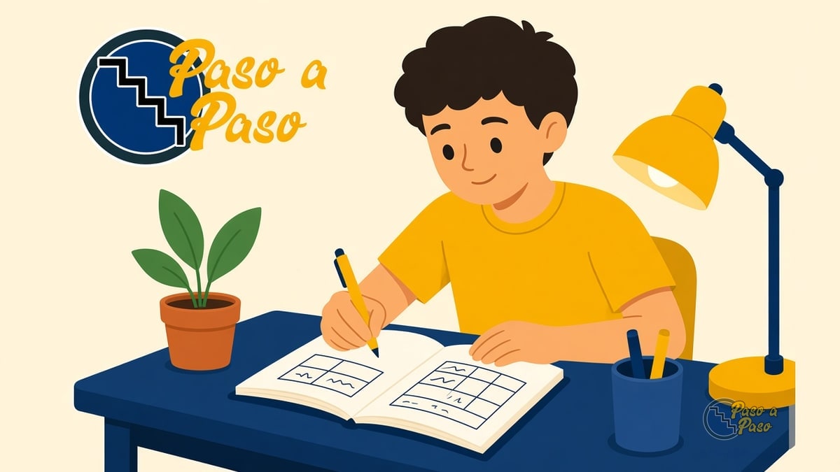 Estudiante anota una tabla de resultados en un cuaderno junto a una planta germinada