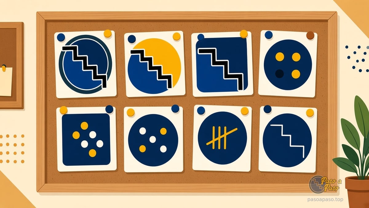 Tablero de corcho con ocho notas: iconos de escalera, puntos en círculo y rayitas de conteo