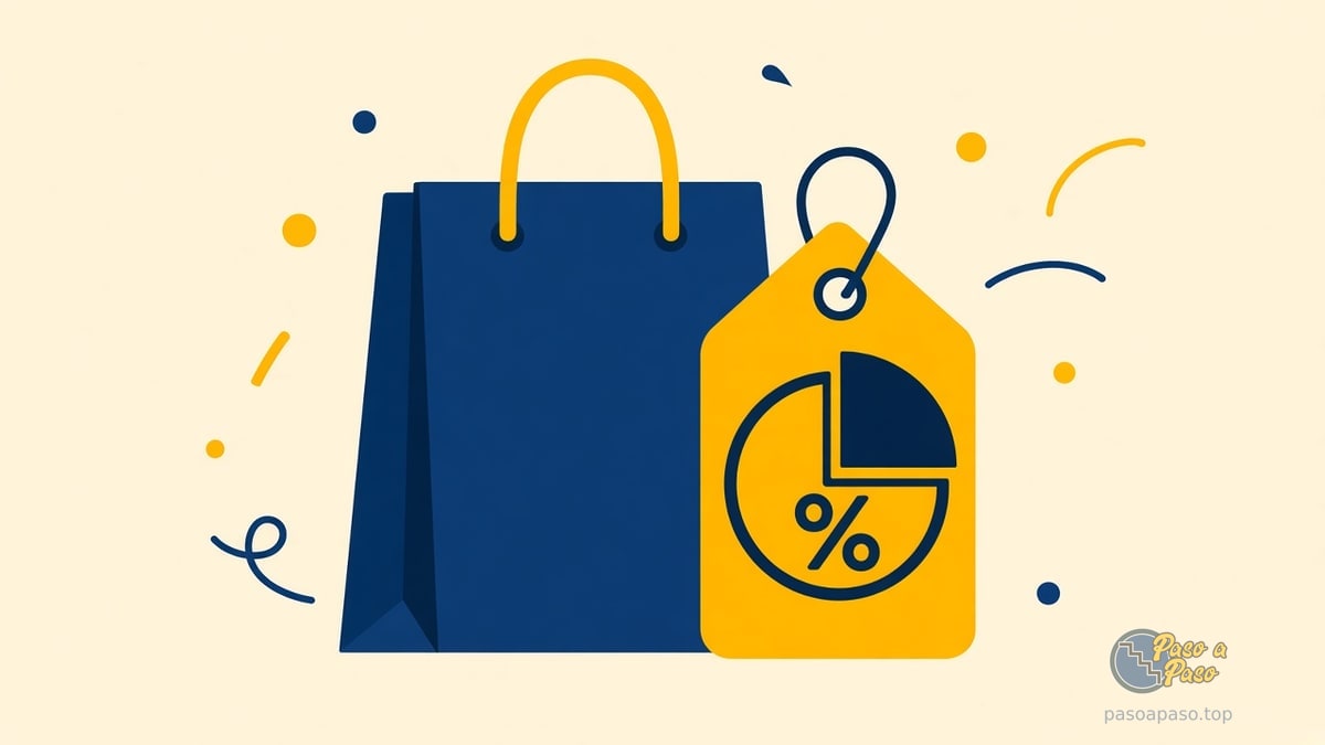 Bolsa de compras azul junto a una etiqueta amarilla con símbolo de porcentaje