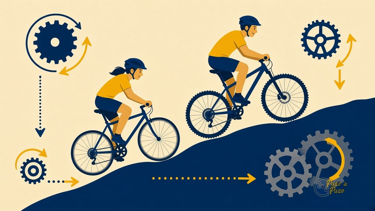 Dos ciclistas en casco suben una cuesta azul; engranajes amarillos rodean la escena