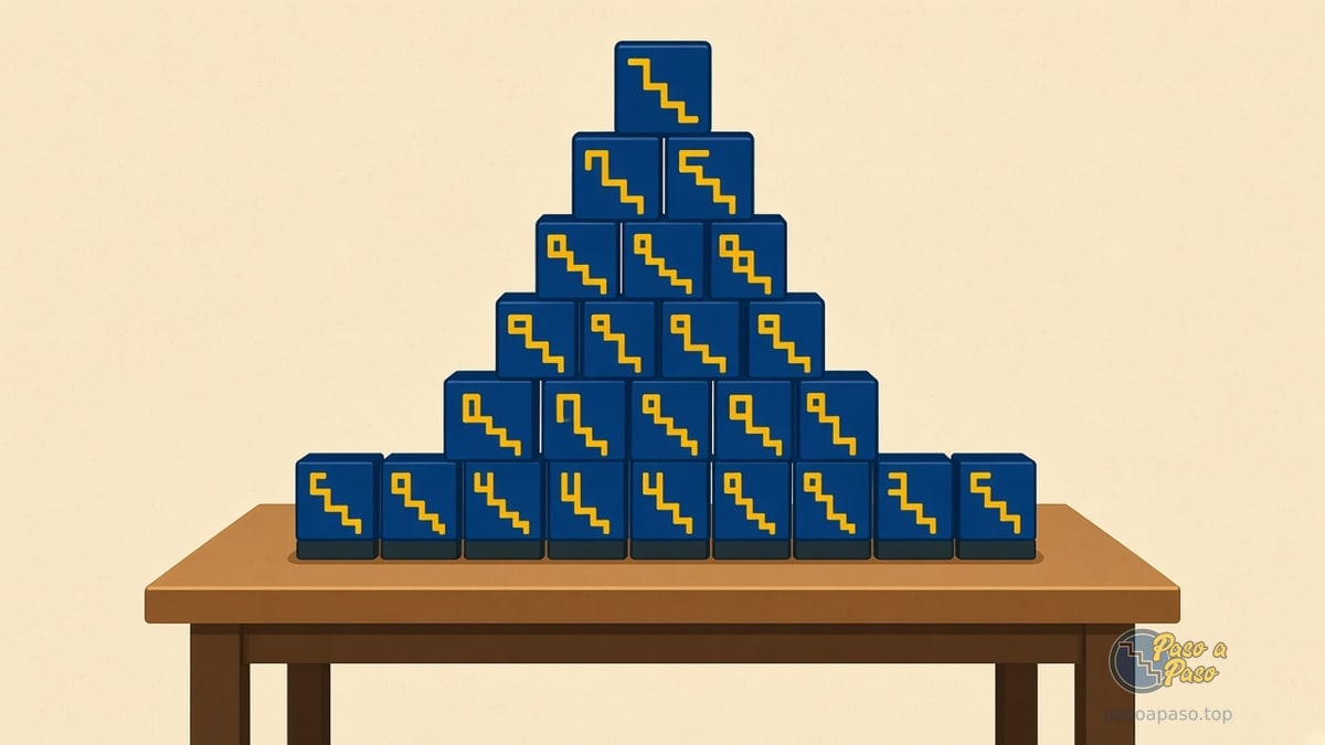 Pirámide de cubos azules con símbolo de escalera amarillo apilados sobre una mesa