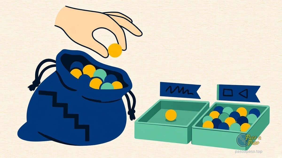 Mano saca una ficha amarilla de una bolsa azul hacia bandejas que separan fichas por color