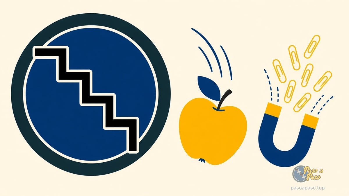 Manzana amarilla cayendo e imán azul con clips atraídos hacia sus polos