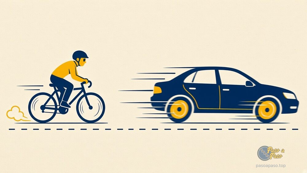 Una bicicleta y un auto en la misma calle avanzando a velocidades distintas