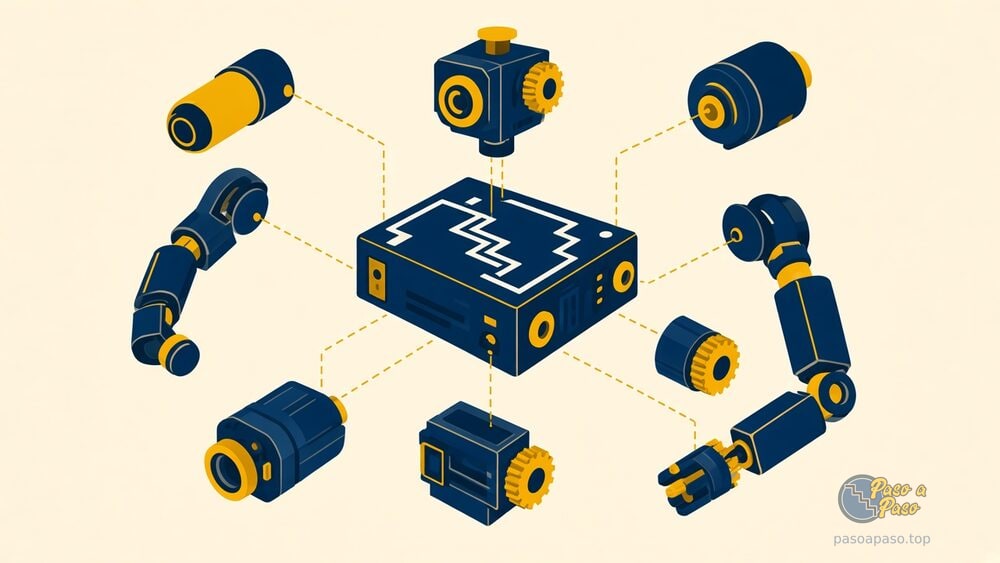 Robot educativo con sensores y ruedas visibles etiquetados de forma simple