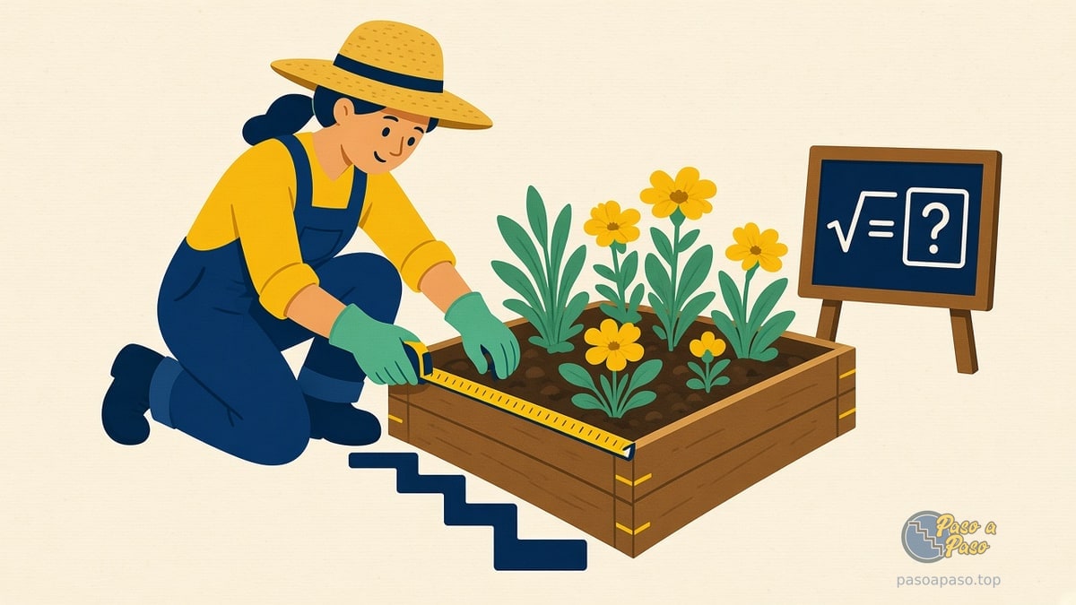 Jardinera midiendo con cinta métrica el lado de un cantero cuadrado; pizarra con √ = ?