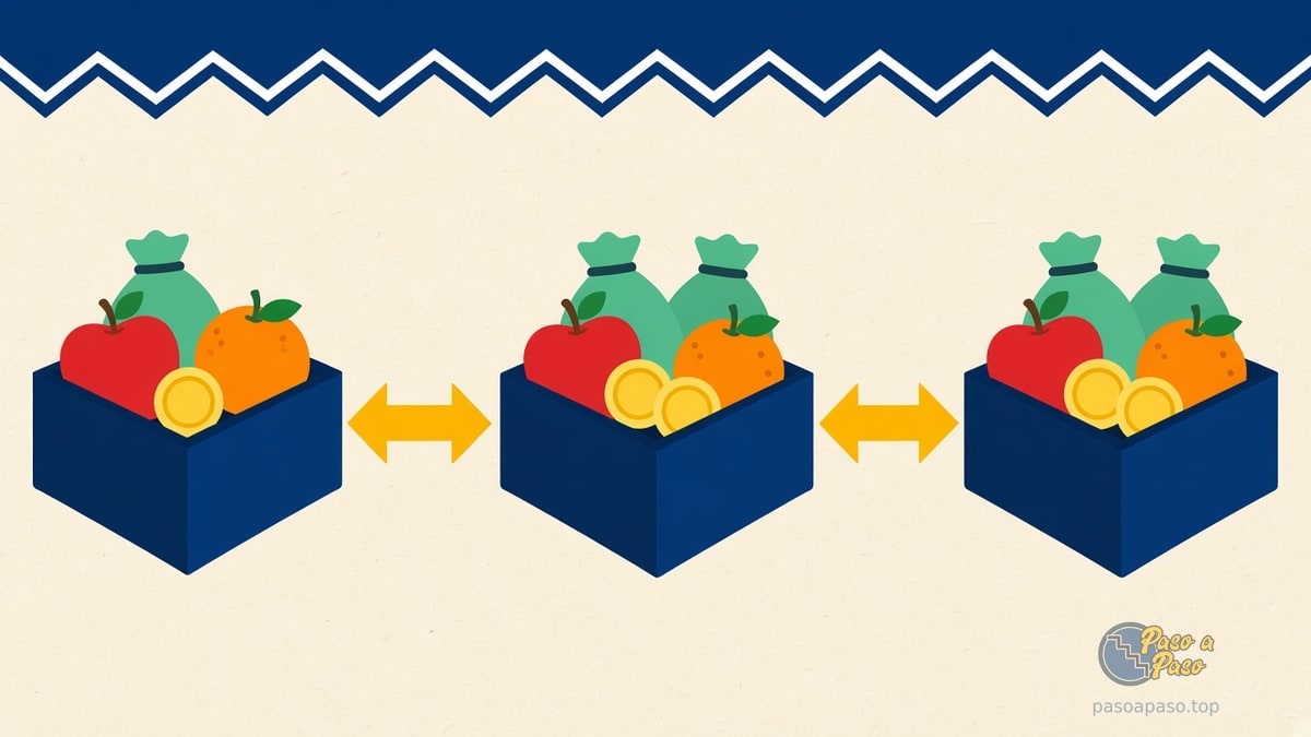 Tres cajas con frutas, sacos y monedas unidas por flechas amarillas de comparación