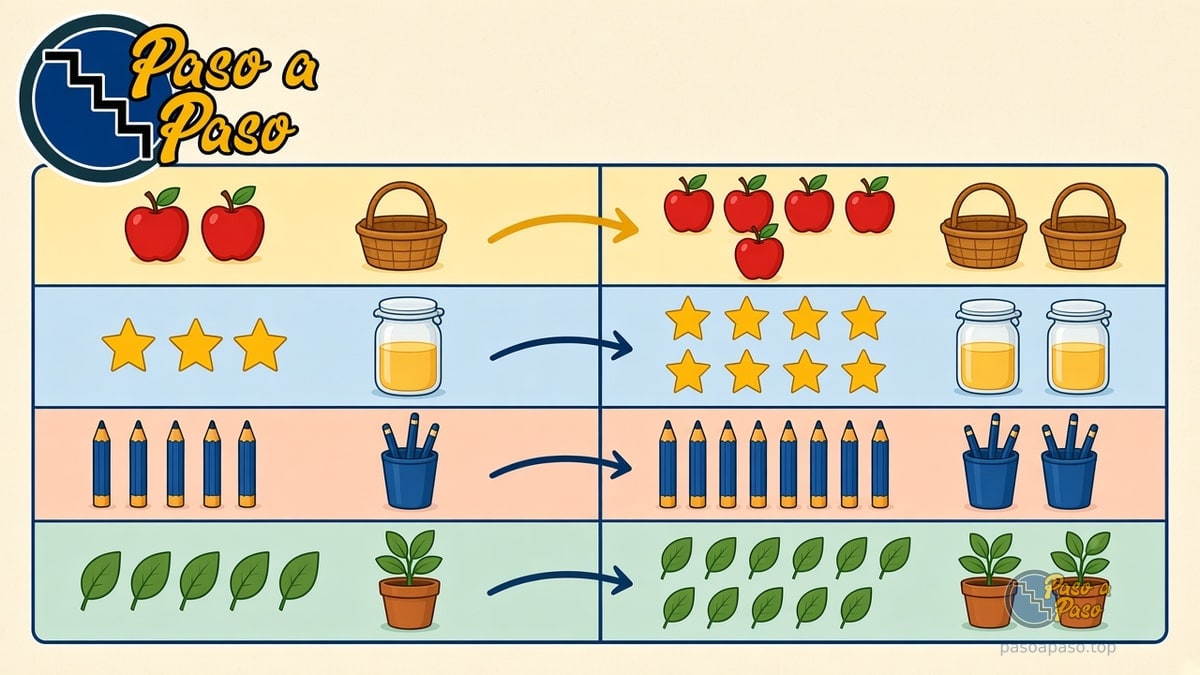 Cuatro filas que comparan manzanas, estrellas, lápices y hojas antes y después de un cambio