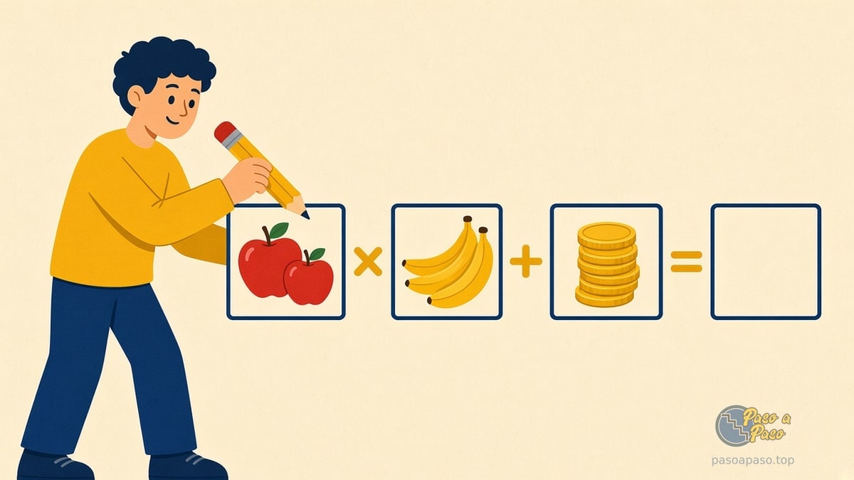 Joven con lápiz gigante señala cajas de manzanas, bananas y monedas hacia un resultado vacío