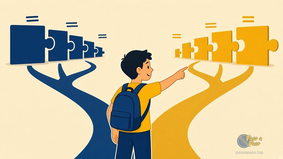 Estudiante eligiendo el camino correcto al sumar fracciones sin cambiar el tamaño de las piezas