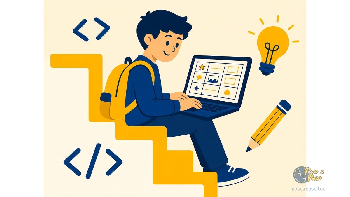 Estudiante en portátil construye una tabla HTML con una cuadrícula superpuesta