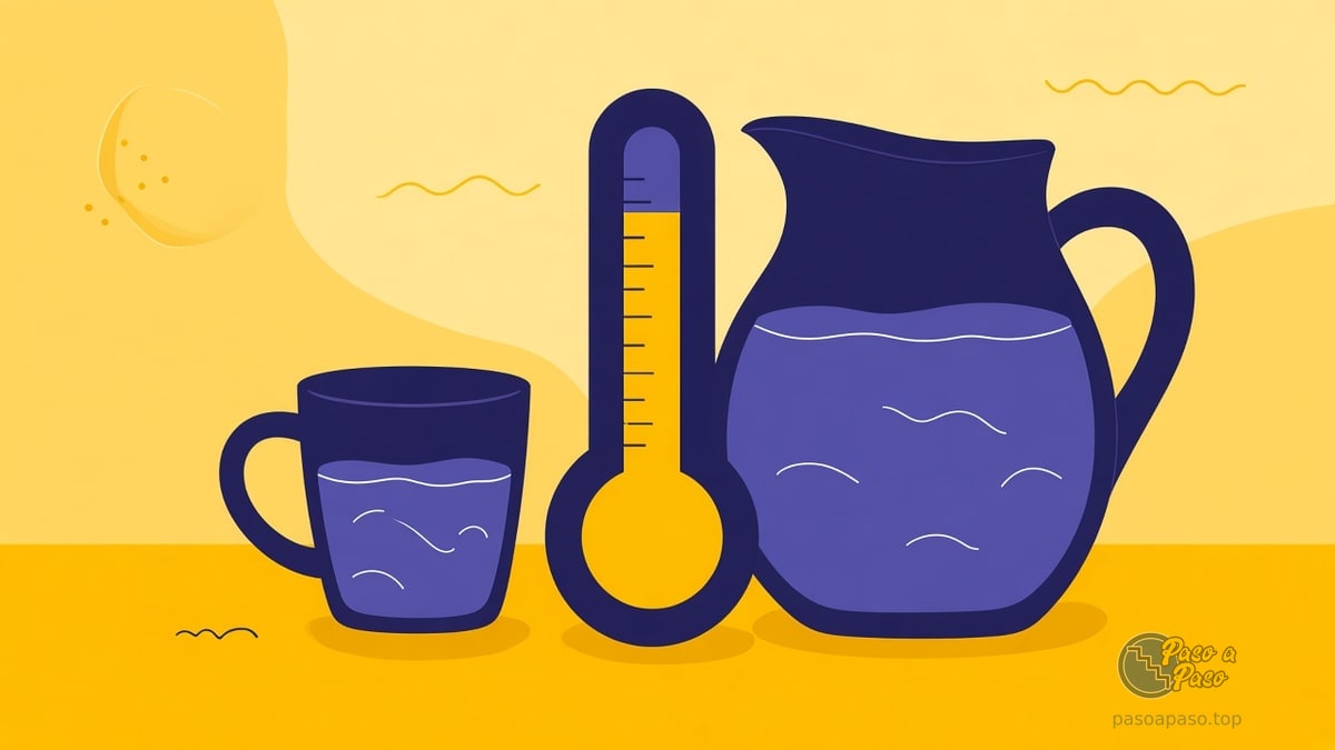 Taza pequeña y jarra grande con el mismo líquido azul; termómetro amarillo al centro