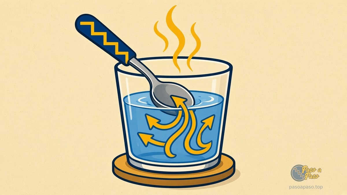 Vaso con líquido azul caliente, cuchara dentro y flechas amarillas de calor hacia arriba