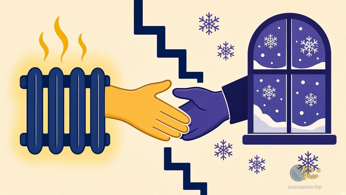 Mano amarilla sale de un radiador y estrecha una mano azul que sale de una ventana nevada