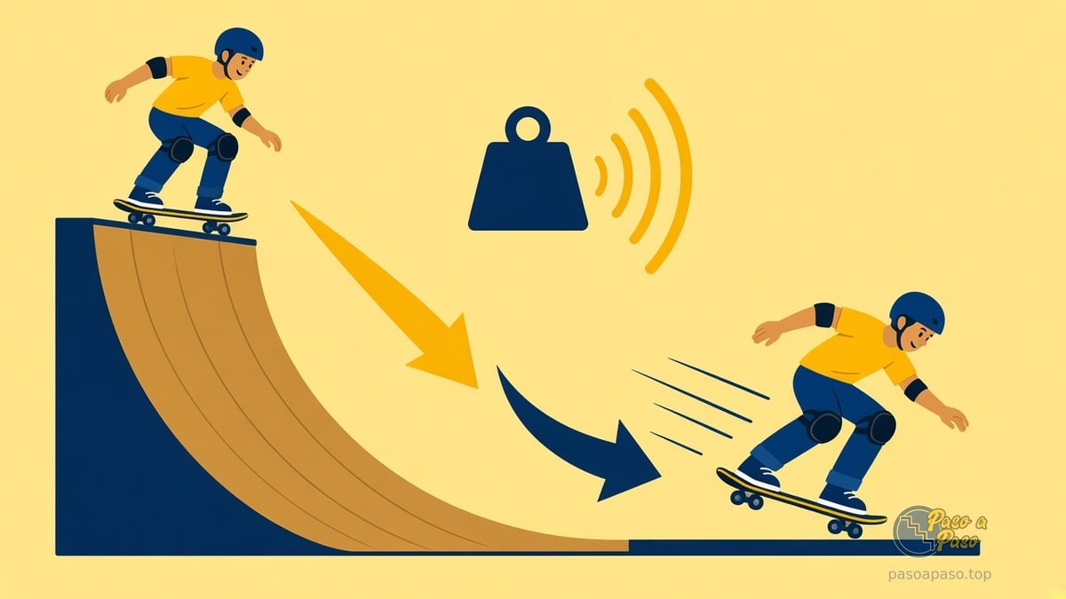 Skater en casco baja una rampa curva; flecha amarilla marca el descenso y líneas de velocidad al salir